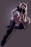 anthro black_stripes blonde_hair breasts clothing featureless_breasts featureless_crotch female fur hair horn latex legwear looking_at_viewer nipples solo stripes thick_thighs thigh_highs white_body white_fur adeloo felid mammal pantherine hi_res