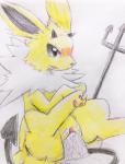 black_eyes black_nose blush bodily_fluids chest_tuft clothing colored_pencil_(artwork) costume cum cum_in_pussy cum_inside disembodied_penis duo eeveelution eiroru female female_focus female_penetrated feral fur generation_1_pokemon genital_fluids genitals hi_res horn jolteon male male/female male_penetrating male_penetrating_female melee_weapon nintendo open_mouth pawpads penetration penile penile_penetration penis penis_in_pussy pink_pawpads pitchfork pokemon pokemon_(species) polearm pussy sex simple_background snout solo_focus spread_legs spreading tears tools traditional_media_(artwork) trident tuft uncensored vaginal vaginal_fluids vaginal_penetration weapon white_body white_fur yellow_body yellow_fur