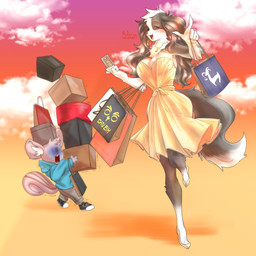 anthro big_breasts black_body black_fur black_hair blue_clothing blue_hoodie blue_topwear blush box breasts clothed clothing cloud container credit_card dress duo female footwear fur gesture hair hand_gesture happy high_heels hoodie kemono larger_female male multicolored_body multicolored_fur off_shoulder pigtails pointing shocked shoes shopping_bag size_difference smaller_male smile sunset topwear two_tone_body two_tone_fur white_body white_fur yellow_clothing yellow_dress noruru3737 border_collie canid canine canis chipmunk collie domestic_dog ground_squirrel herding_dog mammal pastoral_dog rodent sciurid sheepdog 1:1 hi_res
