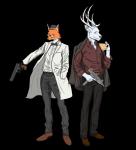 alcohol anthro antlers back_to_back beer beverage blue_eyes bottomwear bow_(feature) bow_tie bowler_hat classy clothed clothing coat duo eyewear fluffy footwear formal formal_wear fully_clothed fur glasses gun handgun hat headgear headwear horn lab_coat machine_pistol mafia male pants pistol ranged_weapon shoes simple_background smile standing submachine_gun suit topwear uzi weapon blek_catanggo dis_the_fox sil canid canine deer fox humanoid mammal amber_(disambiguation) 2019 absurd_res alpha_channel digital_media_(artwork) hi_res