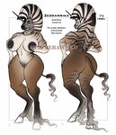 anthro big_breasts big_butt big_nipples breasts butt curvy_figure facial_piercing female horn nipple_piercing nipples nose_piercing nose_ring nude piercing ring_piercing solo standing stripes voluptuous glitterawrxd mythology zebrannika_(glitterawrxd) equid equine mammal mythological_creature mythological_equine plains_zebra quagga recently_extinct_species unicorn zebra hi_res model_sheet