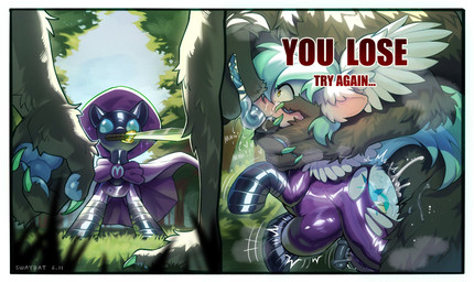 abdominal_bulge animal_genitalia animal_penis blue_pawpads blush cape claws clothing day detailed_background duo equine_genitalia equine_penis finger_claws genitals grass green_claws low-angle_view male male/male male_penetrated male_penetrating male_penetrating_male melee_weapon outside pawpads penetration penis plant sex sword sword_in_mouth text two_panel_image weapon swaybat instant_loss_2koma equid equine mammal werecreature digital_drawing_(artwork) digital_media_(artwork) english_text hi_res