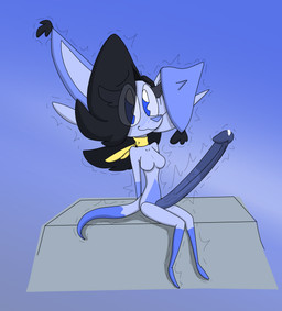 accessory anthro big_penis black_hair blue_body blue_eyes blue_nose blush blush_lines bodily_fluids body_hair breasts cheek_tuft chest_hair chest_tuft clothing cum cum_on_penis ear_tuft eyebrow_through_hair eyebrows eyelashes facial_tuft featureless_breasts furgonomics genital_fluids genitals gynomorph hair hair_over_eye hands_behind_back huge_penis hyper hyper_genitalia hyper_penis intersex kerchief leaking_cum long_hair long_penis looking_at_viewer neckerchief neckwear nervous nervous_smile notched_ear penis sackless shaking shivering sitting smile solo submissive submissive_intersex text throbbing throbbing_penis translucent translucent_hair tuft vulva yellow_kerchief yellow_neckerchief toddjackjuster malinda_maddy canid canine canis domestic_dog mammal absurd_res hi_res