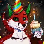 1:1 2018 andytakker anthro birthday birthday_candle black_ears black_nose black_sclera bust_portrait canid canine closed_smile clothing confetti cupcake food fox fur green_eyes green_inner_ear hat headgear headwear holding_cupcake holding_food holding_object looking_at_viewer low_res male mammal mouth_closed party_hat portrait red_body red_fur smile solo victor_johansen