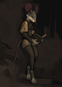 4_toes amber_eyes anthro big_ears biped book brown_clothing clothed clothing digitigrade feet female female_anthro front_view fully_clothed fur grey_body grey_fur hairless_tail holding_book holding_object leaning_on_wall looking_at_viewer medieval_clothing round_ears simple_background snout solo standing tan_clothing toes whiskers flintchips mammal mouse murid murine rodent hi_res
