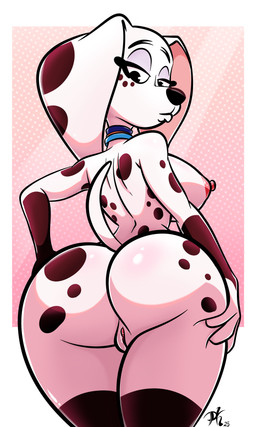 anthro back_boob big_breasts big_butt bodily_fluids breasts butt collar female fur genital_fluids genitals hand_on_butt looking_at_viewer looking_back looking_down markings nipples nude solo spots spotted_body spotted_fur squeezing tail vaginal_fluids vulva white_body wide_hips pkbr4insh0ck_(artist) 101_dalmatian_street 101_dalmatians disney dolly_(101_dalmatians) canid canine canis dalmatian domestic_dog mammal 2025 absurd_res hi_res