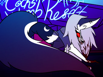 all_fours anthro blood blood_on_face blood_on_hand bodily_fluids butt female looking_at_viewer looking_back on_model presenting presenting_hindquarters solo tail alteredkrimson hellaverse helluva_boss mythology loona_(helluva_boss) canid canid_demon canine demon hellhound mammal mythological_canine mythological_creature 4:3 absurd_res hi_res
