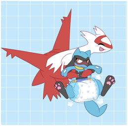 3_fingers 3_toes ambiguous_gender anthro back_wings big_diaper black_body black_fur blue_body blue_fur blue_tail blush blush_lines bodily_fluids border claws clean_diaper clothed clothing cloud_emanata diaper diaper_only diaper_puff duo emanata eyes_closed facial_markings feet feral finger_claws fingers floating fur geometric_background grid_background head_markings holding_another looking_back markings multicolored_body multicolored_fur one_eye_obstructed open_mouth open_smile pattern_background pawpads pink_pawpads red_body simple_background smile sweat sweatdrop tail toes topless two_tone_body two_tone_fur wavy_mouth wearing_diaper white_body white_border wings jupiters nintendo pokemon generation_3_pokemon generation_4_pokemon latias legendary_pokemon pokemon_(species) riolu hi_res