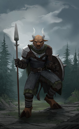 5_fingers anthro armor belt biped bottomwear brown_body brown_fur cape chainmail clothed clothing cloven_hooves day detailed_background fingers forest fully_clothed fur gloves handwear holding_object holding_weapon hooves horn jewelry looking_at_viewer male melee_weapon necklace outside plant polearm serious shield shoulder_guards sky solo spear standing tail tail_tuft tan_body tan_fur text topwear tree tuft unguligrade weapon white_horn lynncore bovid bovine cattle mammal 2020 digital_media_(artwork) english_text hi_res url