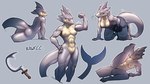 16:9 abs all_fours anthro breasts butt digital_media_(artwork) female fish flexing genitals grey_body grey_scales hi_res kawfee marine multiple_poses muscular muscular_arms muscular_female navel nipples non-mammal_breasts nude nyjasca pose pussy raised_leg scales shaded shark simple_background smile solo widescreen