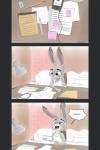 anthro biped bodily_fluids buckteeth clothed clothing dipstick_ears ear_markings electronics female fur grey_body grey_fur headphones laugh multicolored_ears purple_eyes sitting smile solo tears teeth text glumhum disney zootopia judy_hopps lagomorph leporid mammal rabbit 2017 absurd_res comic english_text hi_res