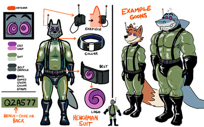 anthro athletic belt biped black_boots black_clothing black_footwear black_gloves black_handwear black_suspenders boots brainwashing clothed clothing collar dipstick_tail earpiece footwear fur gloves green_clothing grey_body grey_fur group handwear henchman hypnosis latex latex_boots latex_clothing latex_footwear latex_gloves latex_handwear male markings mind_control muscular muscular_male orange_body orange_fur purple_eyes ringed_eyes shoes simple_background spiral spiral_eyes suspenders tail tail_markings text anothermeekone aquatic canid canine fish fox mammal shark 2025 digital_media_(artwork) english_text model_sheet