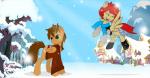 duo feathered_wings feathers female feral flying green_eyes male outside rocket_grace snow white_lightning wings eightysix hasbro my_little_pony mythology fan_character equid equine mammal mythological_creature mythological_equine pegasus