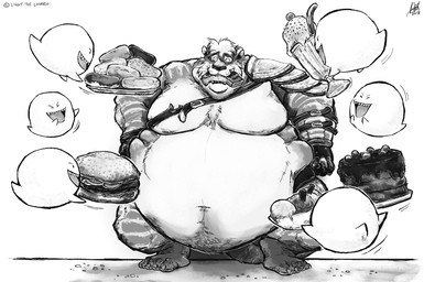 against_surface against_wall anthro armor belly belly_overhang big_belly burger cake claws clothed clothing dessert detailed_food double_chin doughnut eating feeding food force_feeding forced fur gloves group handwear holding_food holding_object ice_cream laugh love_handles male moobs navel obese obese_male open_mouth open_smile overweight overweight_male pastry simple_background smile solo_focus striped_body striped_fur stripes sundae toe_claws topless white_background worried aokamidu mario_bros nintendo boo_(mario) felid ghost mammal pantherine spirit tiger detailed greyscale monochrome