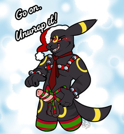 anthro athletic balls bell bell_harness bow_ribbon christmas_clothing christmas_headwear clothing footwear genitals harness hat headgear headwear holidays jingle_bell jingle_bell_armband jingle_bell_harness legwear male necktie ribbons_around_penis santa_hat slim socks solo stockings unwrapping beetlezine macrobeetle christmas nintendo pokemon eeveelution generation_2_pokemon pokemon_(species) umbreon