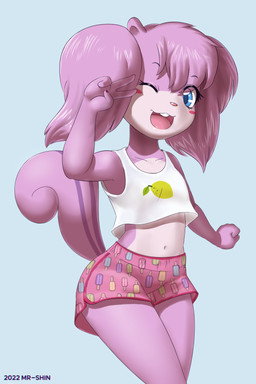 4_fingers anthro bottomwear clothing female fingers one_eye_closed shirt shorts simple_background solo tank_top text topwear white_background white_clothing white_shirt white_tank_top white_topwear wink year young young_anthro mr-shin twiggy_(mr-shin) mammal rodent sciurid tree_squirrel 2022 2:3 artist_name hi_res