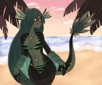 anthro beach bikini black_body black_nose black_scales blue_eyes breasts cleavage clothed clothing cloud detailed_background ear_fins female fin gem green_body green_hair green_scales hair hoodie long_hair membrane_(anatomy) multicolored_body multicolored_ears multicolored_scales non-mammal_breasts open_mouth palm_tree pattern_bikini pattern_clothing pattern_swimwear plant scales seaside sky smile solo split_form striped_bikini striped_clothing striped_swimwear stripes swimwear teeth tongue topwear tree two-piece_swimsuit two_tone_body two_tone_ears two_tone_scales webbed_hands pandalana miren marine merfolk scalie 2018 digital_media_(artwork) hi_res