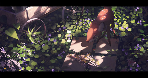 ambiguous_gender feral flower fur hair inner_ear_fluff leaf multicolored_body multicolored_fur plant quadruped short_hair solo spots tail tuft vehicle wagon itsdanfango ansel_(itsdanfango) deer mammal 2018 hi_res