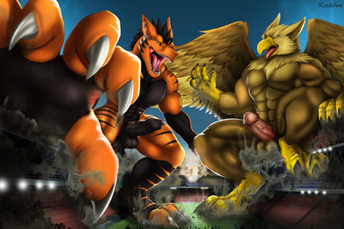 3_toes 4_toes 5_fingers abs anthro balls beak biceps biped brown_body brown_fur building building_destruction claws clothing destruction detailed_background duo erection extreme_size_difference feathered_wings feathers feet finger_claws fingerless_gloves fingers fur genitals gloves handwear house humanoid_genitalia humanoid_penis macro macro_anthro macro_male male muscular muscular_anthro muscular_male nude open_mouth outside paws pecs penis rampage size_difference sky smile stadium stomping tail toe_claws toes wings kurtcbrox mythology carpo kurtcbrox_(character) avian dragon gryphon mythological_avian mythological_creature mythological_scalie scalie hi_res