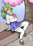 anthro anykoe asian_clothing bottomwear bread cherry_blossom cherry_blossom_tree cherry_tree clothing east_asian_clothing fan_character female flower food fruit_tree generation_4_pokemon hi_res japanese_clothing legendary_pokemon looking_at_viewer mouth_hold nintendo pink_eyes place plant pokemon pokemon_(species) school_uniform shaymin signature skirt solo toast tree uniform