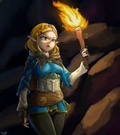 5_fingers blonde_hair breasts cave clothing female fingers fire green_eyes hair holding_object humanoid_pointy_ears not_furry open_mouth pointy_ears rock solo torch gm_laz nintendo the_legend_of_zelda princess_zelda humanoid hylian 2020 signature