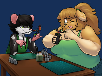 anthro belly big_breasts big_butt breasts butt clothed clothing duo female floppy_ears freckles hair male overweight ponytail thick_thighs blazbaros lana_baker bird_dog canid canine canis domestic_dog hunting_dog mammal murid murine rat retriever rodent 4:3 alpha_channel