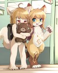 4_toes anthro backpack blonde_hair blue_eyes blush brown_hair casual_nudity chest_tuft classroom claws clitoris duo embarrassed feet female female/female flat_chested fur genitals hair holding_object holding_plushie kemono navel nude orange_body orange_fur paws plushie public pussy red_eyes school short_hair shy standing teddy_bear toe_claws toes tuft white_body white_fur young young_anthro yupa canid canine fox mammal hi_res