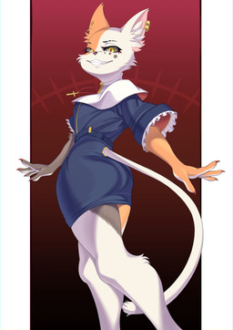 anthro breasts butt butt_pose clothed clothing cross ear_piercing ear_ring female fur multicolored_body multicolored_fur piercing pose ring_piercing solo kimako-desu domestic_cat felid feline felis mammal absurd_res hi_res