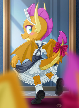 accessory alternative_fashion bloomers blue_eyes blush bottomwear bow_(feature) bow_accessory bow_ribbon clothing fangs female first_person_view footwear frilly frilly_bloomers frilly_bottomwear frilly_clothing frilly_panties frilly_underwear furgonomics goth gothic_lolita j-fashion lolita_(fashion) lolita_dress maid_headdress maid_uniform mirror panties ribbons shoes solo tail tail_accessory tail_bow tail_ribbon teeth underwear uniform white_bloomers uotapo european_mythology friendship_is_magic hasbro my_little_pony mythology smolder_(mlp) dragon mythological_creature mythological_scalie scaled_dragon scalie western_dragon winged_dragon hi_res