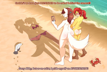 4_toes ambiguous_gender anthro arm_in_arm beach bikini bikini_bottom bikini_top biped blush body_blush bottomwear butt butt_blush butt_heart butt_size_difference caption casual_nudity cellphone clothing clothing_on_ground day dialogue duo_focus electronics emanata exhibitionism feathers feet female female_anthro femboy feral footprint front-tie_bikini fur glistening glistening_butt group hair high-angle_view hotpants long_hair male male/female male_anthro nude nude_anthro nude_female nude_male outdoor_nudity outside phone phone_camera pink_clothing pink_swimwear plantigrade ponytail purple_bikini purple_clothing purple_swimwear questioning raised_heel red_hair sand sarong scut_tail sea shadow short_tail shorts side-tie_bikini smartphone standing_on_toes string_bikini swimming_trunks swimwear tail tail_motion tailwag talons text three-quarter_view tiptoes toes trail two-piece_swimsuit water white_body white_fur y_shaped_butt_crack yellow_body yellow_feathers aarondrawsarts dressed_shadow aaron_moonfang abigail_anderson aquatic arthropod asterozoan avian bird canid canine canis crab crustacean decapod echinoderm gull lari larid malacostracan mammal starfish wolf absurd_res digital_drawing_(artwork) digital_media_(artwork) english_text hi_res