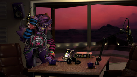 alternative_fashion animal_genitalia animal_penis anthro balls big_penis biped bite chair clothing collar computer container cup dominant electronics equine_genitalia equine_penis eyewear fangs fur furniture genitals glasses gold_stripes goth gynomorph headphones horn inside intersex intimidation landscape laptop looking_at_viewer microphone partial_nudity penis piercing podcast pose punk purple_body purple_fur sabertooth_(anatomy) seductive seductive_mouth solo speaker swimming_pool table teeth tongue tongue_out topwear mythicalyeen alberarts_(modeler) dexy hyenid_(species) mammal 16:9 3d_(artwork) 4k absurd_res digital_media_(artwork) hi_res huge_filesize pinup widescreen