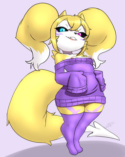 clothing cute_fangs fangs female genitals horn legwear markings nipple_slip nipples pussy_peek shortstack stockings sweater teeth topwear vulva furball bandai_namco digimon renimpmon canid canine demon fox hybrid imp mammal hi_res