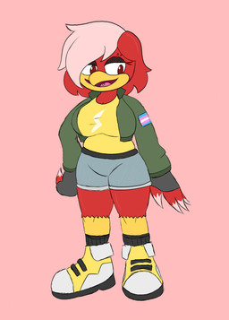 anthro beak belt bottomwear breasts clothing cropped_jacket eyebrow_piercing facial_piercing feathers female fingerless_gloves footwear gloves handwear lgbt_pride non-mammal_breasts piercing pride_colors red_body red_feathers shirt shoes shorts slightly_chubby slightly_chubby_anthro slightly_chubby_female socks solo tongue tongue_piercing topwear transgender_pride_colors white_body white_feathers yellow_beak yellow_talons cookie-pone sega sonic_the_hedgehog_(series) fan_character avian bird picid woodpecker hi_res trans_(lore) trans_woman_(lore)