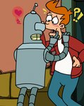 clothing duo hair heart_symbol inside jacket machine male male/male not_furry orange_hair red_clothing red_jacket red_topwear topwear darkwingsnark comedy_central futurama bender_bending_rodríguez philip_j._fry human mammal robot