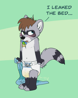 anthro bodily_fluids clothed clothing dialogue diaper flustered genital_fluids male object_in_mouth pacifier pacifier_in_mouth peekabu_(diaper) solo standing unclean_diaper urine used_diaper wearing_diaper wet_diaper young scuzzyfox abuniverse peekabu mammal procyonid raccoon hi_res