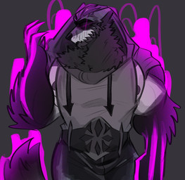 anthro arm_tuft barazoku big_muscles big_nipples big_pecs black_bottomwear black_clothing black_pants bottomwear clothed clothed_anthro clothed_male clothing elbow_tuft front_view fully_clothed fully_clothed_anthro fully_clothed_male fur glowing glowing_eyes grey_background grey_body grey_fur hood hooded_vest male male_anthro muscular neck_tuft nipples outline pants pecs pink_eyes pink_outline pink_sclera simple_background solo tail tuft melaisen canid canine demon mammal 2023 absurd_res digital_drawing_(artwork) digital_media_(artwork) english_description hi_res portrait three-quarter_portrait