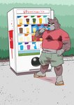 anthro bodily_fluids bottomwear bulge clothing detailed_background eating flip_flops footwear humanoid_hands kemono male outside sandals shirt shoes shorts slightly_chubby solo sweat topwear vending_machine ujishiyo canid canine canis domestic_dog mammal 2022 absurd_res hi_res