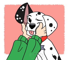 black_spots caressing_face clothing collar feral fur green_clothing green_sweater green_topwear heterochromatic_ears light_body light_skin male red_collar solo spots sweater tongue tongue_out topwear white_body white_fur t00nified 101_dalmatian_street 101_dalmatians disney dylan_(101_dalmatians) canid canine canis dalmatian domestic_dog human mammal hi_res