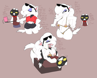 anthro anthro_on_anthro big_breasts bikini biped black_body black_bottomwear black_clothing black_fur blush bodily_fluids bottomless bottomwear bow_tie breast_play breasts cheek_tuft clenched_teeth clothed clothing crop_top dialogue dipstick_tail drooling duo electronics eyelashes eyeshadow eyewear eyewear_on_head facial_tuft fangs female forced frown fur fur_tuft gold_bikini hair hand_on_hip hands_behind_back hip_tuft holding_object interspecies long_eyelashes long_hair looking_at_another looking_back looking_back_at_another looking_down looking_down_at_another makeup male male/female markings motion_lines multicolored_body multicolored_fur narrowed_eyes neck_tuft open_frown open_mouth open_smile phone pinned pivoted_ears purple_eyeshadow red_clothing red_topwear saliva selfie_stick sex shirt shorts simple_background skimpy smile spandex spandex_shorts speech_marker sunglasses sunglasses_on_head sweat sweater sweater_vest swimwear tail tail_markings taking_picture tan_background teeth text three-quarter_view tied_hair tight_bottomwear tight_clothing tight_shorts titfuck tongue_showing topwear tuft two-piece_swimsuit two_tone_body two_tone_fur v-neck vest wearing_sunglasses white_body white_clothing white_fur white_shirt white_topwear wide_eyed yellow_eyes snazzle_snapp golden_week canid canine canis domestic_cat domestic_dog felid feline felis mammal digital_drawing_(artwork) digital_media_(artwork) english_text sequence