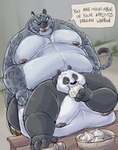 2021 absurd_res anthro bear belly belly_overhang bent_over big_belly black_nose captainjusticevirtsuoso dialogue dreamworks duo eating eating_during_sex english_text felid food gainer giant_panda hi_res humanoid_hands kung_fu_panda male male/male mammal master_po_ping moobs morbidly_obese nipples obese obese_anthro obese_male overweight overweight_anthro overweight_male pantherine sex snow_leopard tai_lung_(kung_fu_panda) text white_body
