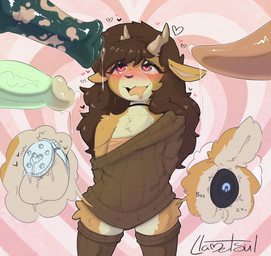 anal anal_penetration animal_genitalia animal_penis anthro antlers balls black_choker black_eyes black_jewelry black_necklace black_nose blush blush_lines bodily_fluids brown_body brown_clothing brown_ears brown_fur brown_hair brown_legwear brown_sweater brown_tail brown_topwear buttplug buttplug_in_ass buttplug_insertion buttplug_vibrator bzzz chastity_cage chastity_device choker clothing drooling equine_genitalia equine_penis eyeliner fur genital_fluids genitals green_penis group hair heart_background heart_eyes heart_symbol horn humanoid_genitalia humanoid_penis jewelry leaking_precum legwear long_hair makeup male male/male medial_ring messy_hair motion_lines mottled mottled_genitalia mottled_penis multicolored_body multicolored_fur necklace object_in_ass onomatopoeia open_mouth penetration penis pink_background plug_(sex_toy) plug_insertion precum saliva sex_toy sex_toy_in_ass sex_toy_insertion shaking simple_background sound_effects sweater tail text tongue topwear two_tone_body two_tone_fur two_tone_tail vibrator wearing_chastity_cage wearing_chastity_device white_body white_fur white_sclera white_tail llametsul ambiguous_species deer mammal 2026 colored hi_res shaded signature
