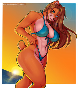 abs anthro athletic bikini bikini_bottom bikini_top blue_bikini blue_bikini_bottom blue_bikini_top blue_clothing blue_eyes blue_swimwear breasts brown_hair clothed clothing crossgender eyelashes female hair lens_flare long_hair looking_at_viewer mtf_crossgender navel outside sea serratus solo standing sunset swimwear two-piece_swimsuit water kitsunewaffles-chan griffon_(griffongrizzly) bear mammal 2021 dated digital_media_(artwork) portrait shaded three-quarter_portrait