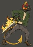 anthro clothing fire flaming_sword footwear grey_background jacket magic_user male melee_weapon shoes simple_background sneakers solo sword topwear weapon gonsia khenra_(species) tiefling absurd_res hi_res