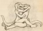 5_fingers anthro breasts duo female fingers kissing male male/female nipples non-mammal_breasts nude side_view simple_background sitting caribou_(artist) crocodile crocodilian crocodylid reptile scalie 11:8 2019