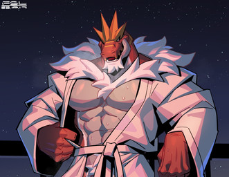 abs anthro bathrobe beard bodily_fluids body_hair breasts chest_hair chest_tuft clothing facial_hair featureless_breasts happy_trail inviting looking_at_viewer male muscular muscular_male pecs pubes red_body robe sky solo star starry_sky sweat tuft vein fansl nintendo pokemon dinosaur fossil_pokemon generation_6_pokemon pokemon_(species) prehistoric_species reptile saurischian scalie theropod tyrannosaurid tyrannosauroid tyrannosaurus tyrantrum 2025 hi_res
