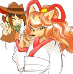 age_difference amber_eyes anthro asian_clothing bangs bell_bow big_hair blush blush_lines brown_hair clothing cowboy_hat duo east_asian_clothing female glistening glistening_eyes hair hat headgear headwear japanese_clothing kimono looking_at_viewer male multicolored_clothing multicolored_kimono obi ponytail prick_ears red_clothing red_hair red_kimono scarf side_bangs size_difference smile snout two_tone_clothing two_tone_kimono victory white_clothing white_kimono young rashonalrash undertale_yellow ceroba_ketsukane clover_(undertale_yellow) canid canine fox human mammal hi_res