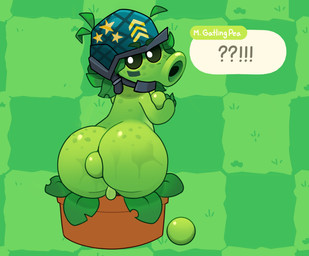 anthro armor backsack balls bead big_butt black_eyes bodily_fluids bodypaint butt face_paint freckled_butt freckled_face freckles genitals glistening glistening_body gradient gradient_tail green_body green_hair hair headgear helmet holding_object leaf leaf_hair looking_at_viewer looking_back male markings military not_furry object_in_ass plant plant_hair pseudo_hair pupils silly simple_background small_balls solo suction_cup surprised sweat thick_thighs toony wet white_pupils anonymous_artist electronic_arts plants_vs._zombies plants_vs._zombies_3 popcap_games elemental_creature flora_fauna mega_gatling_pea_(pvz) peashooter_(pvz) absurd_res hi_res