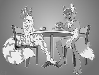 anthro balls beverage burger burger_bun casual_nudity chair chest_tuft circumcised container crossed_legs crotch_tuft cup dipstick_tail drinking_straw duo eyewear fast_food food foreskin fries fur furniture genitals giggling glasses gloves_(marking) holding_food holding_object laugh laughing_at_another leg_markings long_penis male male/male markings nipples nude nude_male on_chair penis pubes public public_nudity sitting sitting_on_chair social_nudity socks_(marking) striped_body striped_fur striped_markings striped_tail stripes table tail tail_markings tuft vein veiny_penis wearing_glasses maddworld aaron_(kitsunelegend) haru_(collector_canine) canid canine fox mammal maned_wolf hi_res monochrome
