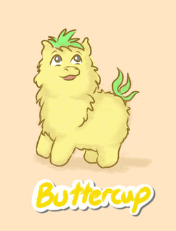 ambiguous_feral ambiguous_gender featureless_feet feet feral fur green_hair green_tail grey_eyes hair looking_up open_mouth orange_background side_view simple_background smile solo standing tail text yellow_body yellow_fur yellow_text young young_ambiguous young_feral carpdime fluffy_pony buttercup_(fluffy_pony) fluffy_pony_(species) mammal character_name digital_media_(artwork) shaded