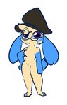 3_toes anthro big_eyes blue_body blue_cheeks blue_fur brown_clothing brown_hat brown_headwear cheek_tuft chest_tuft clothing eyewear facial_tuft featureless_crotch feet female fist floppy_ears fur glasses hand_on_hip hat headgear headwear long_ears pupils purple_eyes purple_pupils simple_background solo standing tan_body tan_cheeks tan_fur toes tuft white_background 1upgobbo nintendo pokemon nelly_(1upgobbo) generation_3_pokemon mammal minun murid pokemon_(species) rodent 2021 hi_res